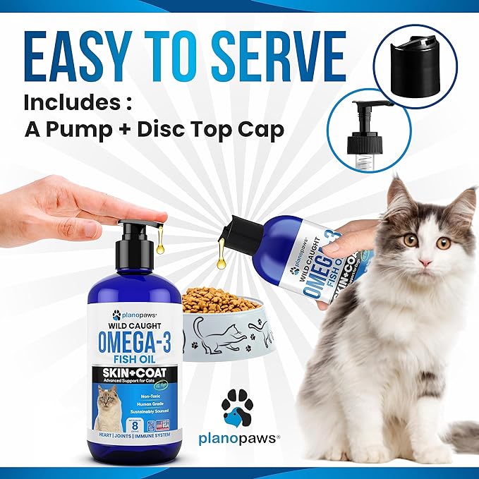 Omega 3 Fish Oil for Cats - Better Than Salmon Oil for Cats - Kitten + Cat Vitamins and Supplements - Cat Health Supplies - Cat Dandruff Treatment - Liquid Fish Oil for Pets - Cat Shedding Products planopaws
