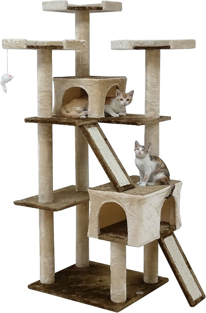 Go Pet Club Everyday Value 71in Cat Tree Kitty Tower Kitten with Dual Condos and Double Scratching Boards Indoor Cat Activity Center Furniture, Beige/Brown - PAWPICO