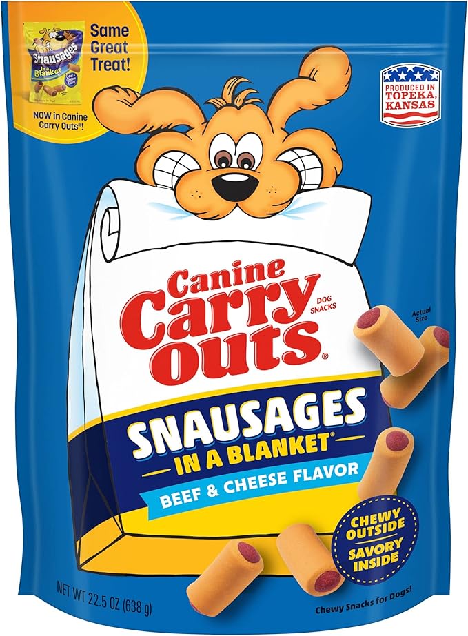 Canine Carry Outs Dog Treats, Snausages in a Blanket, Beef & Cheese Flavor, 22.5 Ounce (Pack of 4), Chewy Outside, Savory Inside - PAWPICO