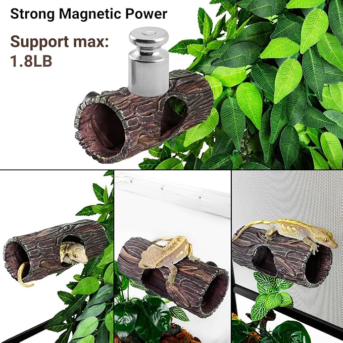 REPTIZOO Magnetic Reptile Hide Cave Resin Hollow Tree Trunk Hideout, Gecko Hide with Strong Magnetic Reptile Climbing Toy Reptile Tank Accessories for Crested Gecko,Lizard, Terrarium Decor REPTIZOO