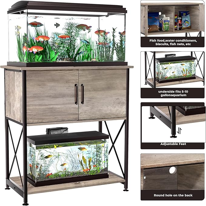20-29 Gallon Aquarium Stand Metal Frame Fish Tank Stand with Cabinet Storage, for 20 Gallon Long Aquarium,30.7" L*16.5" W Tabletop,330LBS Capacity Grey PG01YGZ Herture