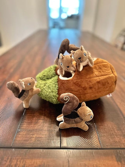 Squirrel in Tree Hide and Seek Dog Toy for Small and Medium Size Dogs, Plush Squirrel Inside Trunk Dog Toy with Squeaker, Interactive Burrow Dog Toy (Tree with Squirrels, Small) - PAWPICO