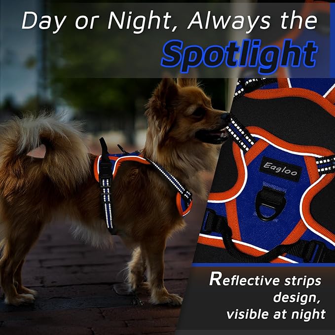 Eagloo Dog Harness for Large Dogs, No Pull Service Vest with Reflective Strips and Control Handle, Adjustable and Comfortable for Easy Walking, No Choke Harness with 2 Metal Rings, Blue & Orange, XS GoExplorewithEagloo