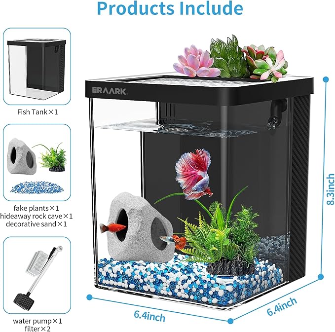Aquarium kit 1.5 Gallon Betta Fish Tank with Filter LED Light, Water Pump, Decorate Water Plants and Sand, Fish Tank Starter Kits, Fish Bowl ERAARK