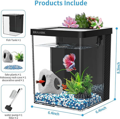 Aquarium kit 1.5 Gallon Betta Fish Tank with Filter LED Light, Water Pump, Decorate Water Plants and Sand, Fish Tank Starter Kits, Fish Bowl ERAARK