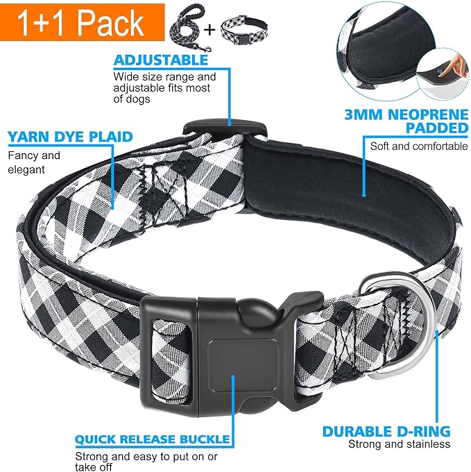 Reflective Dog Collar Padded with Soft Neoprene Breathable Adjustable Nylon Dog Collars for Small Medium Large Dogs (X-Small (Pack of 1), Black Plaid Collar+Leash) ladoogo