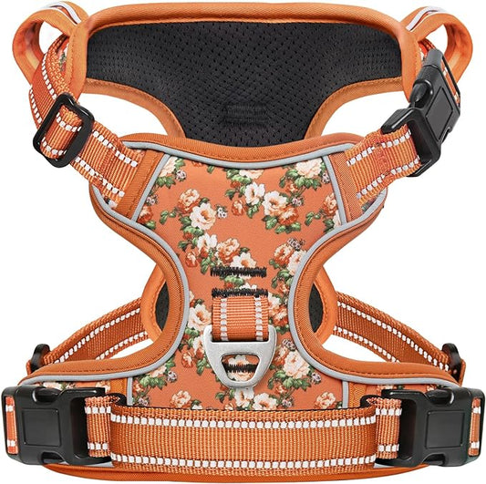 Timos Dog Harness, No Pull Dog Harness 3 Snap Buckles Adjustable Reflective No Choke Pet Vest for Small Dog with Soft Padded Control Training Handle for Outdoor Training,Flower Orange, XS Timos