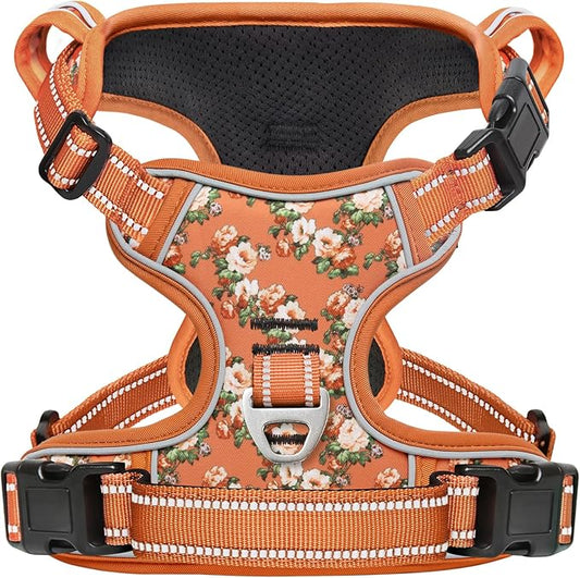Timos Dog Harness for Large Dog, No Pull Service Vest with Reflective Strips and Control Handle,No Choke Dog Harness with 2 Metal Rings for Easy Walking,Outdoor Training,Flower Orange, L Timos