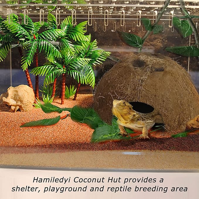 Hamiledyi Reptile Hideouts Natural Coconut Shells Hut Hermit Crab Climbing Toys Gecko Hide Cave Lizard Habitat Decor Plant Leaves Decoration for Spider Snake Chameleon (4Pcs) Hamiledyi