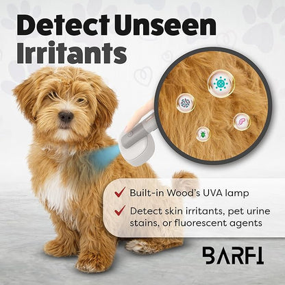 BARFI Pet Brush - Self-Cleaning Pet, Cat, Dog Shedding Brush - Multi-Functional Grooming Tool with Negative Ion Technology, Vibrating Massager, Wood's Lamp (Gray) - Free Pet Bowl - PAWPICO