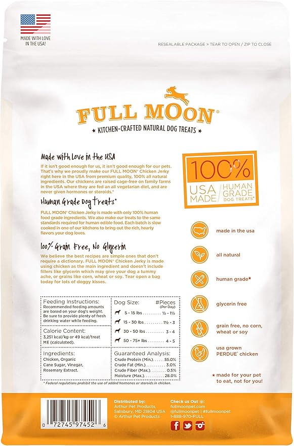 Full Moon Chicken Jerky Healthy All Natural Dog Treats Human Grade Made in USA Grain Free 6 oz (Pack of 2) - PAWPICO