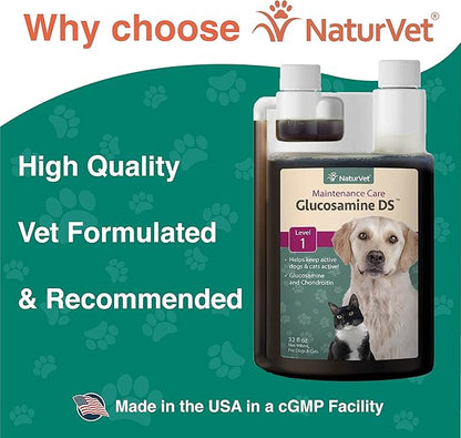 NaturVet Glucosamine DS Level 1 Maintenance, Joint Care Support Supplement for Dogs and Cats, Liquid, Made in The USA with Globally Source Ingredients 32 Ounce NaturVet