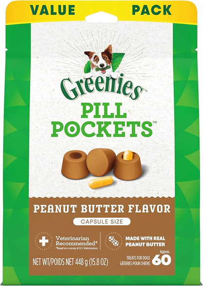 GREENIES PILL POCKETS for Dogs Capsule Size Natural Soft Dog Treats with Real Peanut Butter, 15.8 oz. Pack (60 Treats) - PAWPICO