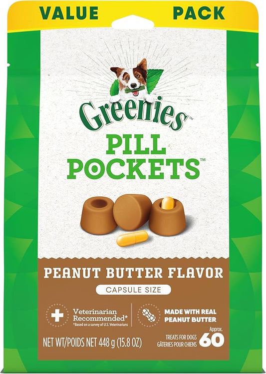 GREENIES PILL POCKETS for Dogs Capsule Size Natural Soft Dog Treats with Real Peanut Butter, 15.8 oz. Pack (60 Treats) - PAWPICO