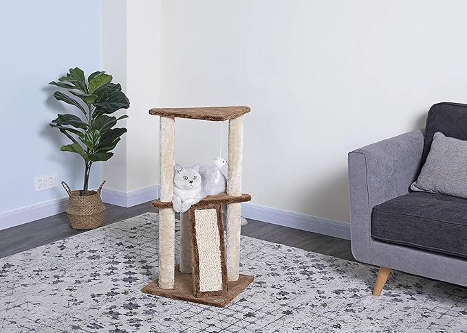 Go Pet Club Everyday Value 35in Corner Cat Tree Kitty Scratcher Tower Kitten Condo House Furniture with Scratching Board & Hanging Toys for Indoor Cats, Beige/Brown - PAWPICO