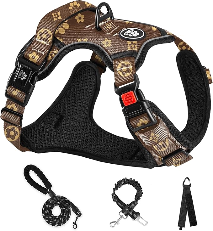 NESTROAD No Pull Dog Harness,Adjustable Oxford Dog Vest Harness with Leash,Reflective No-Choke Pet Harness with Easy Control Soft Handle for Medium Dogs(Medium,Dark Brown) NESTROAD