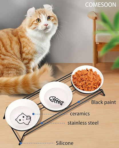 3 Cat Food Bowls Ceramic 13 oz Upgraded with Stainless Steel Stand Non-Slip and Anti-Rust Elevated Raised Cat Bowls for Food and Water, Pet Dishes Bowl for Indoor Cats and Puppy, Dishwasher Safe - PAWPICO