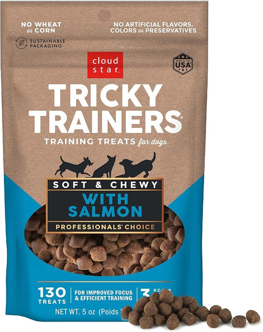 Cloud Star Tricky Trainers Soft & Chewy Dog Training Treats 5 oz Pouch, Salmon Flavor, Low Calorie Behavior Aid with 130 treats - PAWPICO