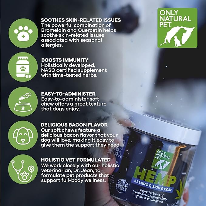 Only Natural Pet Allergy, Skin & Coat Hemp Soft Chews - Allergy Immune Bites for Dogs, Omega 3 Supplement, Hemp Oil - Calming Treats for Itchy Skin Relief, Hot Spot - (60 Count) OnlyNaturalPet