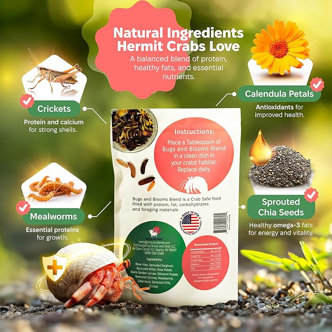 Snout and Shell - Bugs and Blooms Hermit Crab Food - 1 oz - 30 Grams - Whole Food Diet for Hermit Crabs - Seeds, Bugs and More SNOUTANDSHELL