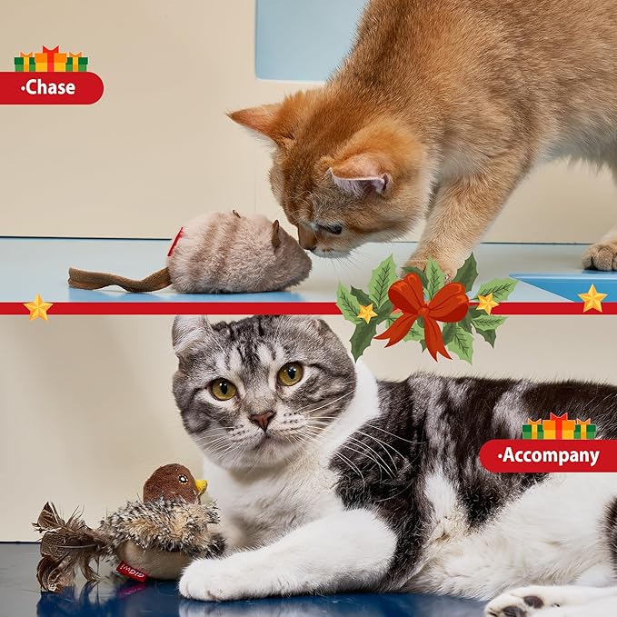 Gigwi Chirping Bird Cat Toy Set, Interactive Chasing Toy for Indoor Cat, Motion Activated Kitten Play Toy, Squeaky Cat Animal Feather Toy for All Breeds Cat Kicker - PAWPICO