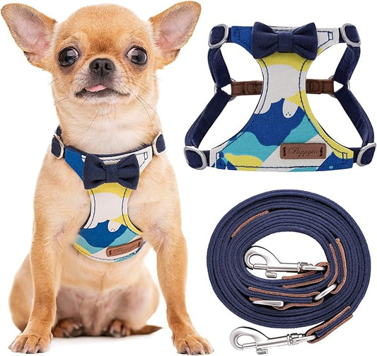 Puppytie No Pull xs Dog Harness with Multifunction Dog Leash,Soft Adjustable No Choke Escape Proof Pet Harness Vest,Suede Bow Navy,XXS Puppytie
