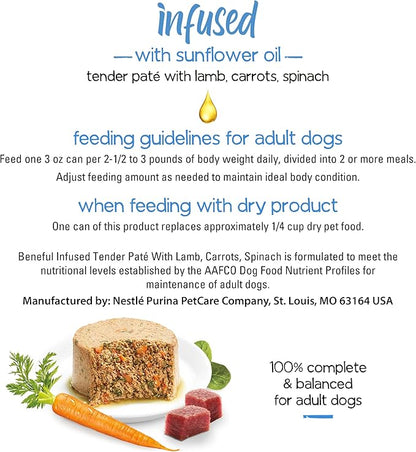 Beneful Purina Infused Wet Dog Food Pate with Real Lamb, Carrots and Spinach, with Sunflower Oil - (8 Packs of 3) 3 oz. Sleeves - PAWPICO