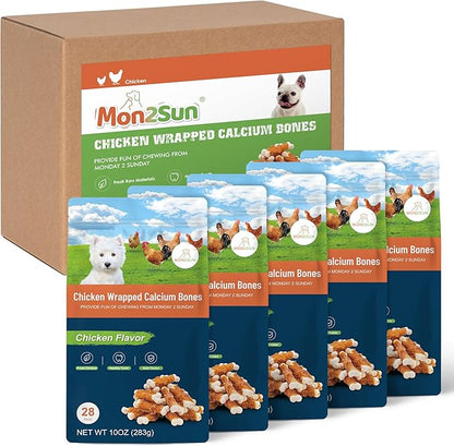 MON2SUN Dog Treats, 2.3 Inch Chicken Wrapped Calcium Dog Bones, Rawhide Free Dog Chews for Puppy and Small Dogs, Training Treats for Teeth Cleaning and Fresh Breath (28 Count - Pack of 5) - PAWPICO