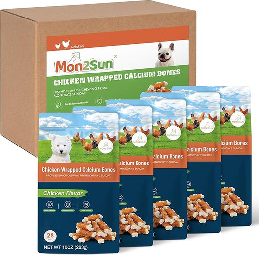 MON2SUN Dog Treats, 2.3 Inch Chicken Wrapped Calcium Dog Bones, Rawhide Free Dog Chews for Puppy and Small Dogs, Training Treats for Teeth Cleaning and Fresh Breath (28 Count - Pack of 5) - PAWPICO