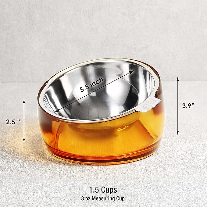 Felli Pet Oblik Acrylic Raised Dog Food Water Bowl Stainless Steel Slanted Oval Dish for Short Leg Puppy & Small Medium Pet, Elevated Tilted Metal Feeder Angled Plastic Spill Proof (1.5Cups, Gold) - PAWPICO