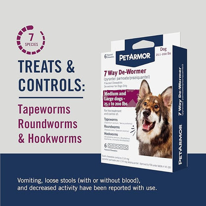 PetArmor 7 Way De-Wormer for Dogs, Oral Treatment for Tapeworm, Roundworm & Hookworm in Large Dogs & Puppies (Over 25 lbs), Worm Remover (Praziquantel & Pyrantel Pamoate), 6 Flavored Chewables PetArmor