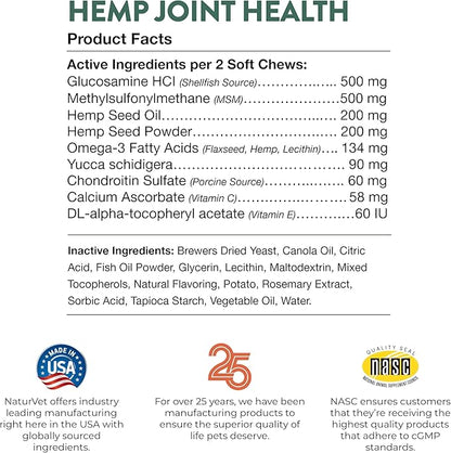 NaturVet – Hemp Joint Health For Dogs - Plus Hemp Seed | Supports Overall Joint Health | Enhanced with Glucosamine, MSM, Chondroitin & Antioxidants | 120 Soft Chews NaturVet