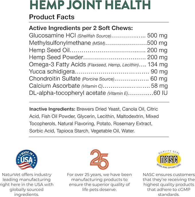 NaturVet Hemp Joint Health, Joint Care Support Supplement for Dogs, Soft Chews, 60ct Made in The USA NaturVet