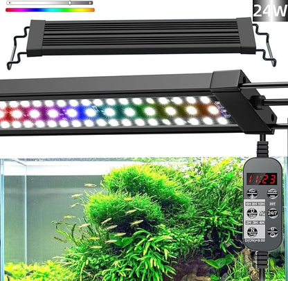 LED Aquarium Light, 24/7 Full Spectrum Dimmable Submersible Light 24-30 inch 24W for 20/25/30 Gallon Fish Tank, Day+Night Mode DIY Timer Auto On Off, High Brightness 8 Colors RGB Mode AHJ