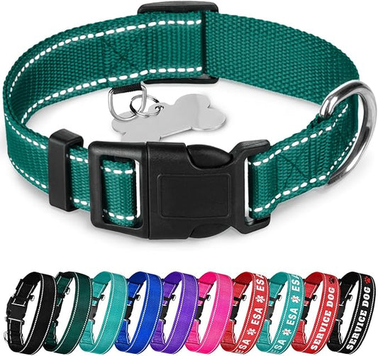 TECEUM Reflective Pet Collar – Dark Emerald Green – S – Basic Nylon Dog Collar – Quick Release Buckle – Fits Small, Medium and Large Dogs, Puppies, Cats – ESA & Service Dog Options TECEUM