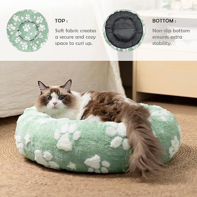Donut Dog Beds for Small Dogs, Calming Round Cat Beds for Indoor Cats, Cute 3D Textured Paw Pet Bed with Removable Washable Cover and Anti-Slip Bottom（Green，20"） - PAWPICO