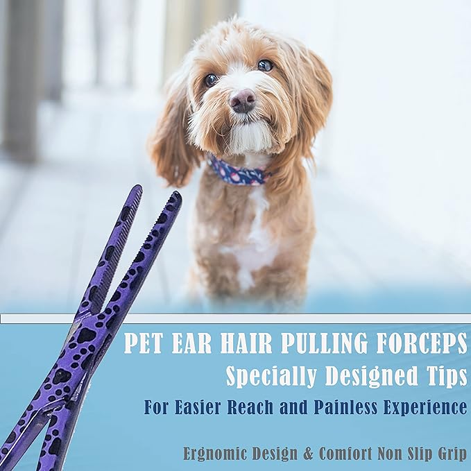 Dog Pet Ear/Nose Hair Puller Grooming Hemostat Locking Forceps Pliers, 5.5" (14cm), Straight (Purple Paws) A2Z+SCILAB