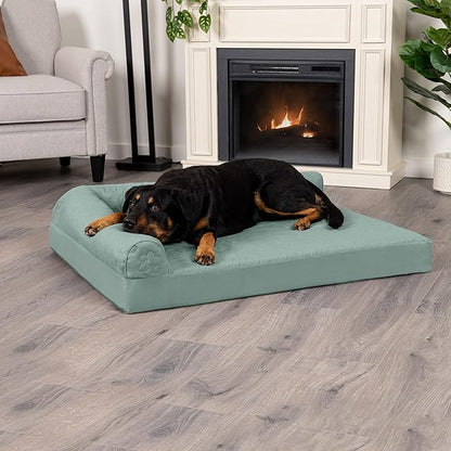 Furhaven Orthopedic Dog Bed for Large Dogs w/ Removable Bolsters & Washable Cover, For Dogs Up to 95 lbs - Pinsonic Quilted Paw L Shaped Chaise - Iceberg Green, Jumbo/XL - PAWPICO