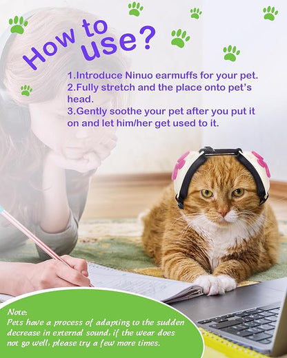 Calming Earmuffs for Cats and Small Dogs - for Anxiety Relief - Noise Canceling for Fireworks, Thunderstorms, Pet Grooming & Force Drying - Dog Ear Muffs Noise Protection (White, Medium) Ninuo