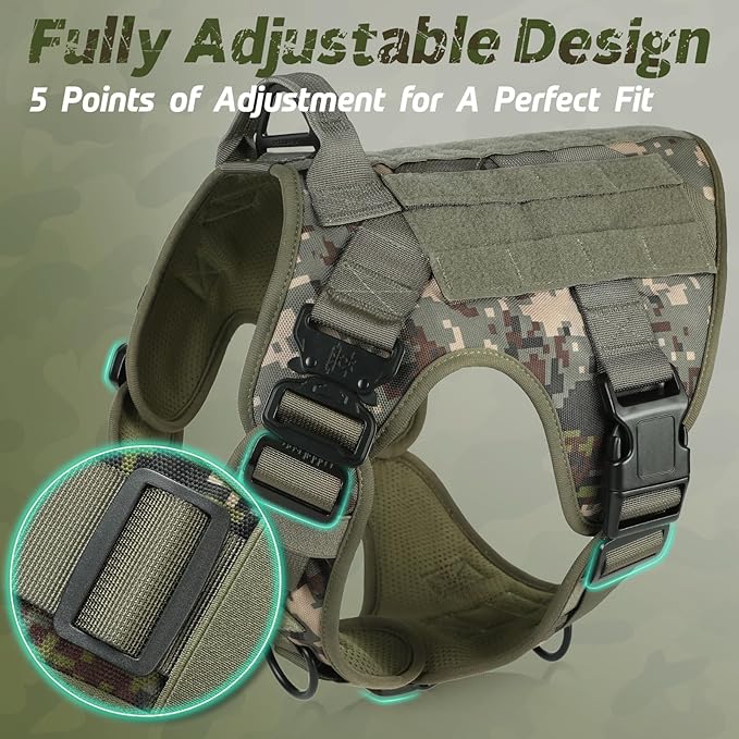 rabbitgoo Tactical Dog Harness Medium Sized, Heavy Duty Pet Harness with Handle, No-Pull Service Vest Medium Breed, Adjustable Military Dog Vest for Training Hunting Walking, Green Camo, M rabbitgoo