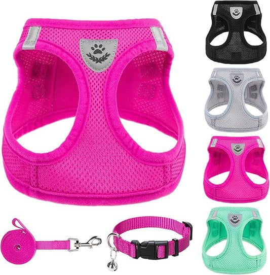 PUPTECK Adjustable Dog Harness Collar and Leash Set Step in No Pull Pet Harness for Small Medium Dogs Puppy and Cats Outdoor Walking Running, Soft Mesh Padded Reflective Vest Harnesses, Solid Pink XS PUPTECK