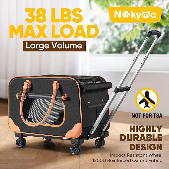 Large Cat Carrier with Wheels, Rolling Cat Carrier, 24.5"x 13.8"x 15.4" Pet Carrier with Wheels for Large Cats Small Dogs up to 38 LBS, Ideal for Travel, Walking and Camping(NOT for TSA) - PAWPICO