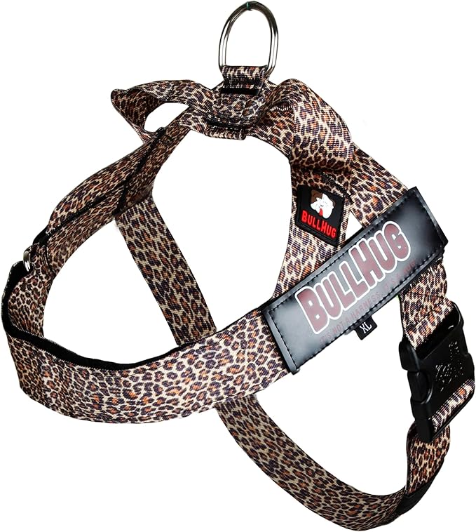 BULLHUG Harness – Made for Larger Chested Dogs Like English Bulldogs, French Bulldogs, Pugs & More. Stops Dogs from Pulling & Choking on Walks (Leopard, XL) BULLHUG