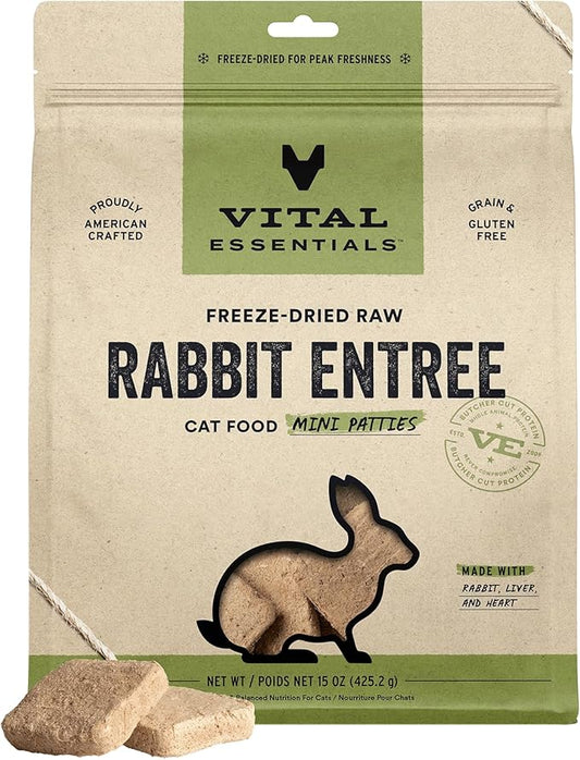 Vital Essentials Freeze Dried Raw Cat Food, Rabbit Mini Patties Entree, 15 oz VitalEssentials