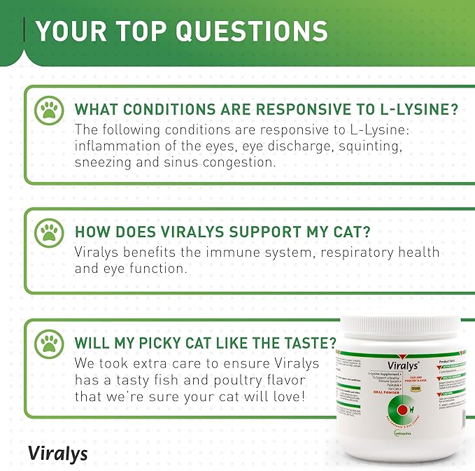 Vetoquinol Viralys L-Lysine Supplement for Cats - Cats & Kittens of All Ages - Immune Health - Sneezing, Runny Nose, Squinting, Watery Eyes - Flavored Lysine Powder Vetoquinol