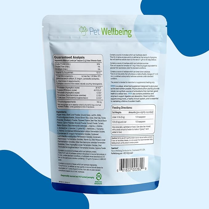 Pet Wellbeing Spark Daily Nutritional Greens Superfood for Cats - Probiotics, Prebiotics, Digestive Enzymes, Amino Acids, Antioxidants, Vitamin D, Spirulina - Veterinarian-Formulated 3.53 oz (100 g) PetWellbeing