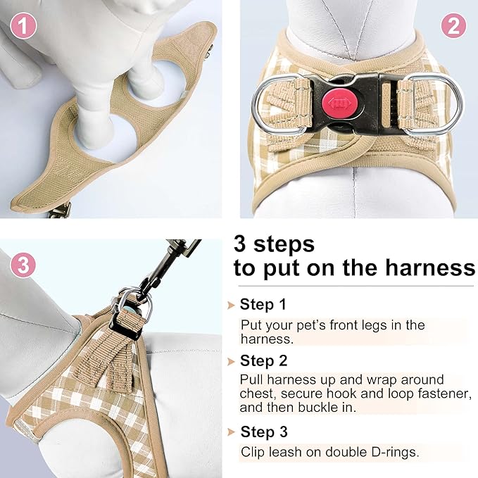 Dog Harness Step-in Breathable Puppy Cat Dog Vest Harnesses for Small Medium Dogs Beige Checkered - PAWPICO