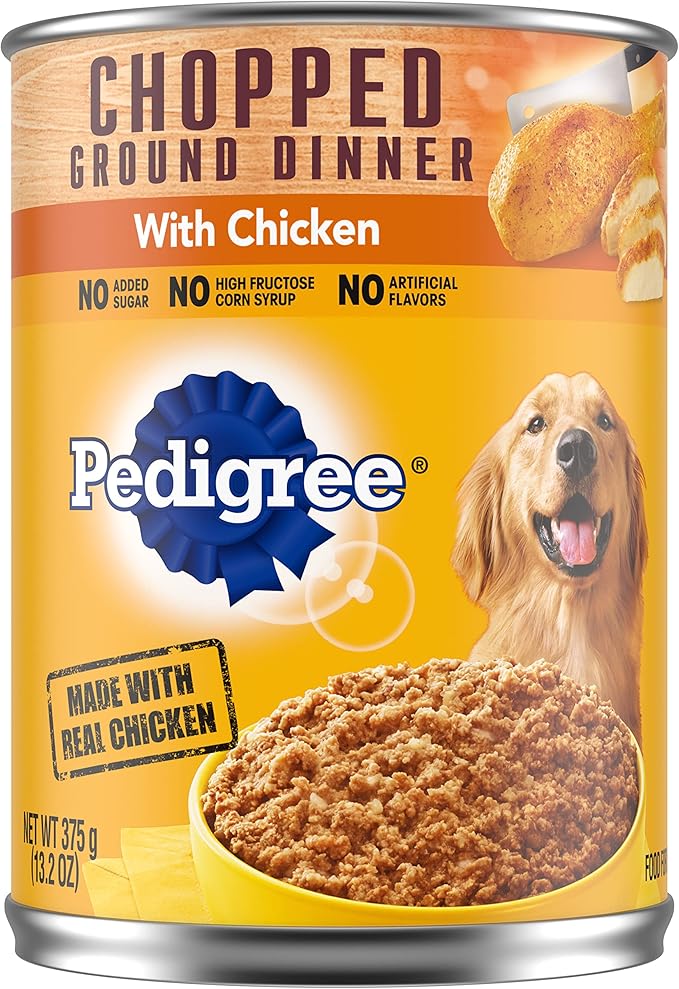 PEDIGREE CHOPPED GROUND DINNER Adult Canned Soft Wet Dog Food with Chicken, 13.2 oz. Cans (Pack of 12) - PAWPICO