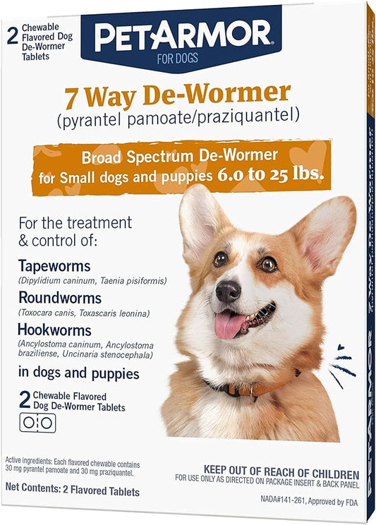 PetArmor 7 Way De-Wormer for Dogs, Oral Treatment for Tapeworm, Roundworm & Hookworm in Small Dogs & Puppies (6-25 lbs), Worm Remover (Praziquantel & Pyrantel Pamoate), 2 Flavored Chewables PetArmor
