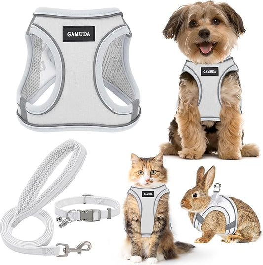 GAMUDA Small Pet Harness Collar and Leash Set, Step in No Chock No Pull Linen Fabric Soft Mesh Dog Vest Harnesses Reflective for Dogs Puppy Cats Kitten Rabbit (White, S) GAMUDACollarsCollection